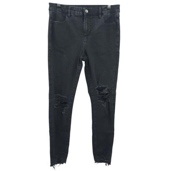 American Eagle Jeans The Dream Jean Size 14 Black Distressed Skinny Frayed Hem - Picture 1 of 13
